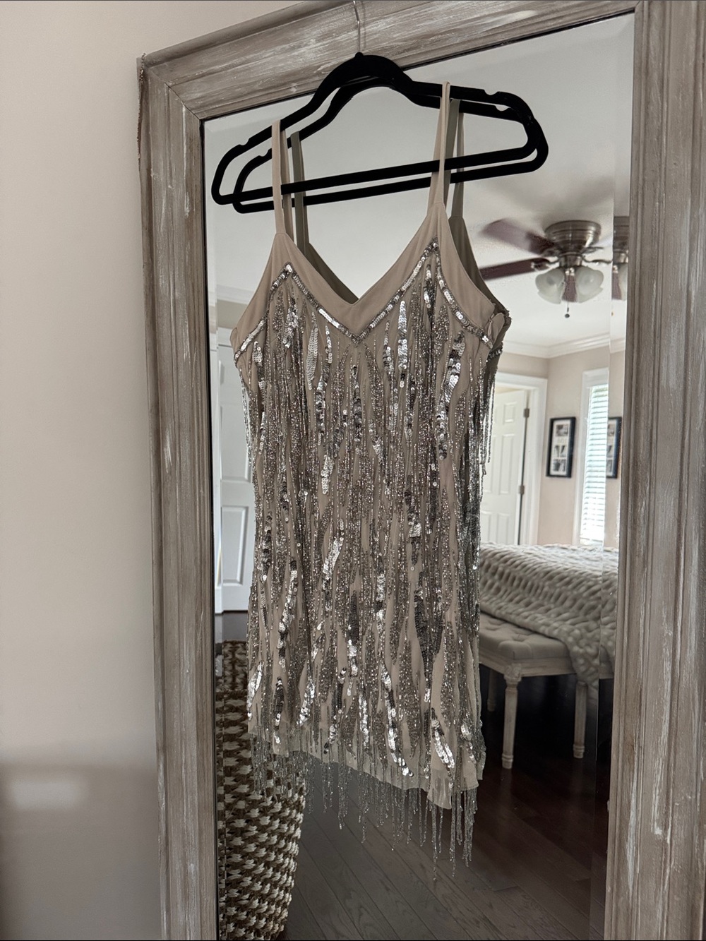 Nasty Gal Beige Sequin Fringe Mini Dress